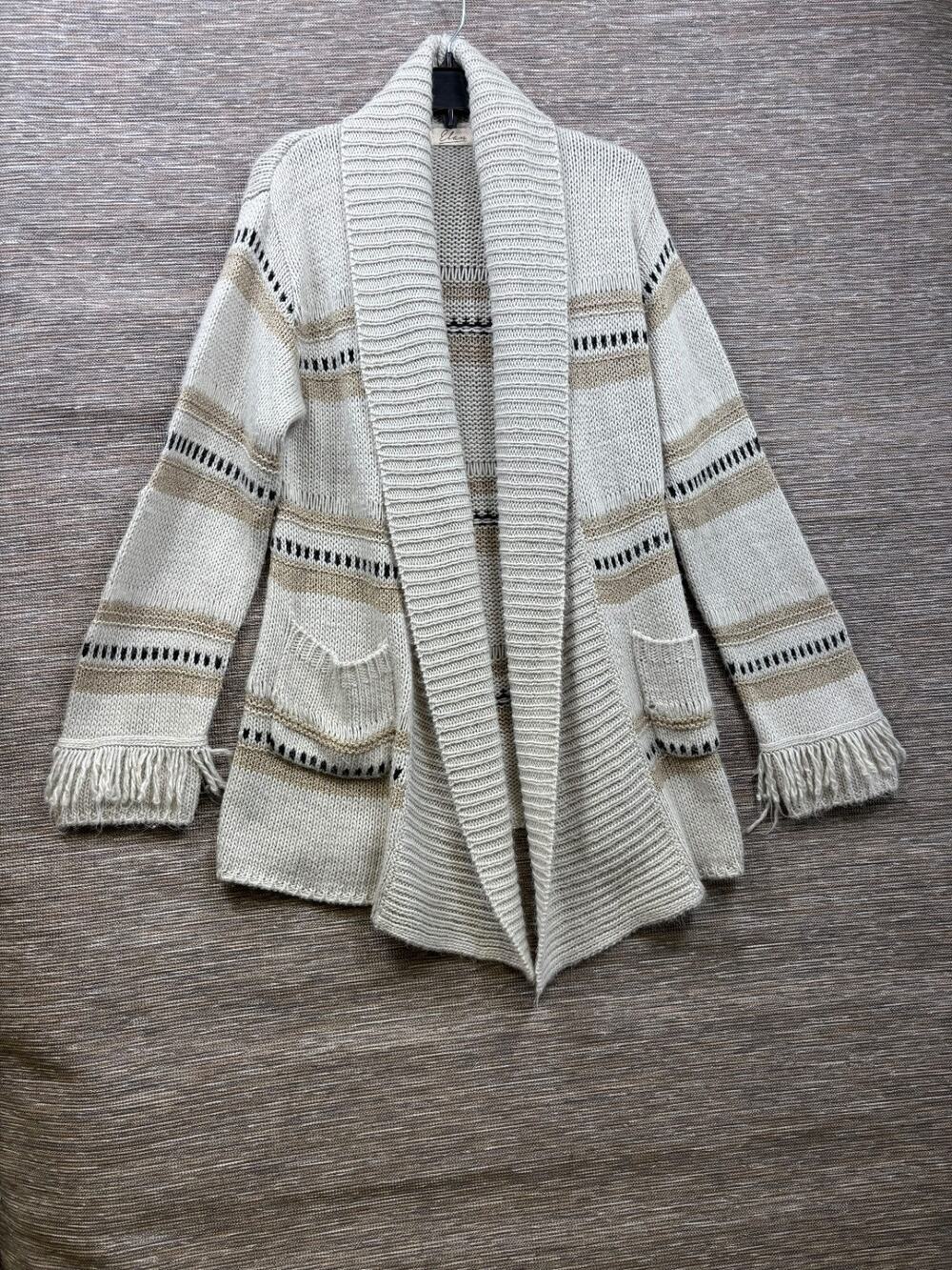 Elan Stripe Knit Sweater Frayed Cardigan Sweater Womens Size L Beige Brown